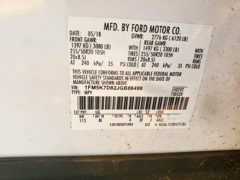 1FM5K7D82JGB88498 - 2018 FORD EXPLORER XLT 白色 照片 13