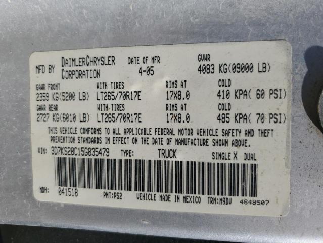 3D7KS28C15G835479 - 2005 DODGE RAM 2500 ST 银色 照片 12