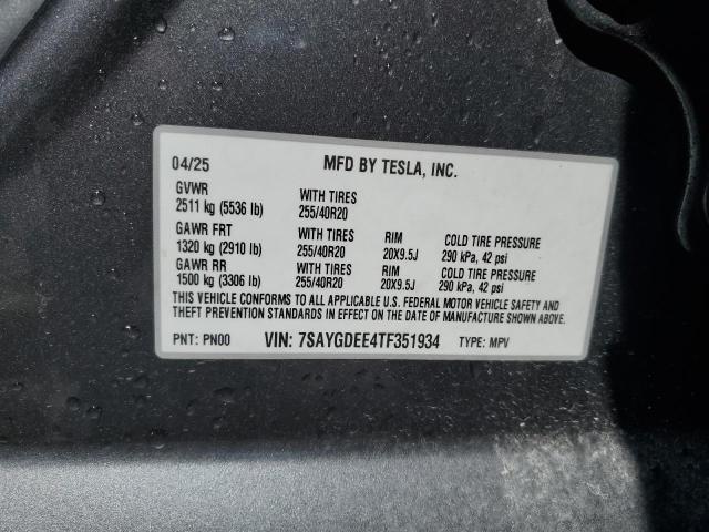 7SAYGDEE4TF351934 - 2026 TESL MODEL Y GRAY photo 12