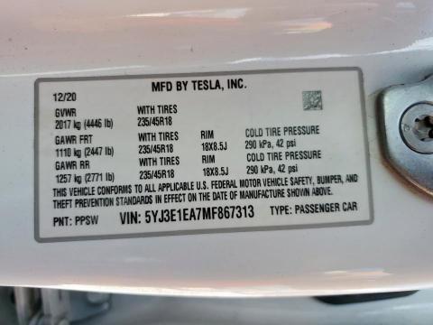 5YJ3E1EA7MF867313 - 2021 TESLA MODEL 3 WHITE photo 12
