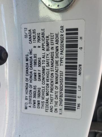 2HGFB2F60CH557357 - 2012 HONDA CIVIC HF WHITE photo 12