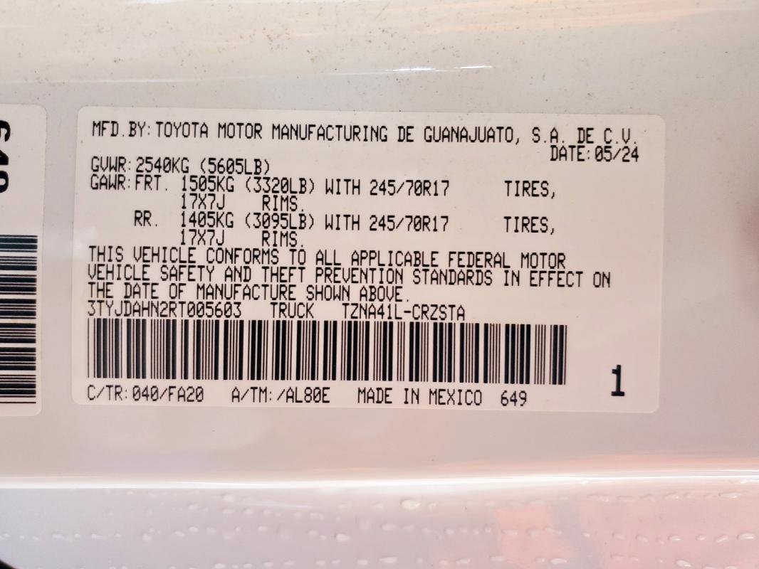 3TYJDAHN2RT005603 - 2024 TOYOTA TACOMA XTRACAB WHITE photo 12