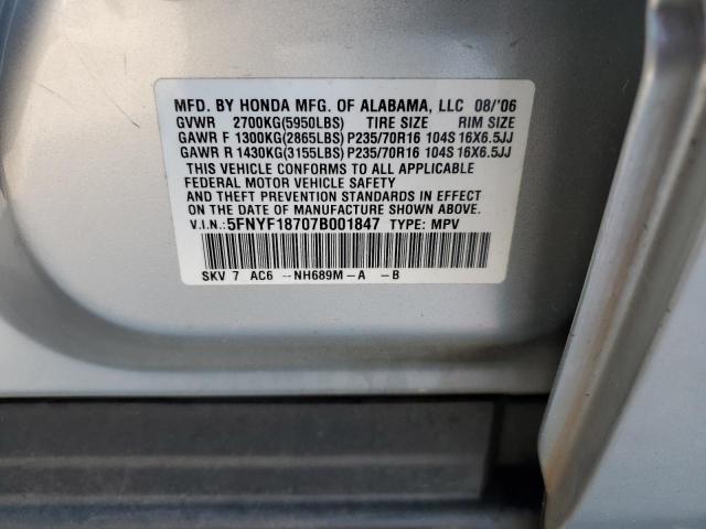 5FNYF18707B001847 - 2007 HONDA PILOT EXL SILVER photo 13