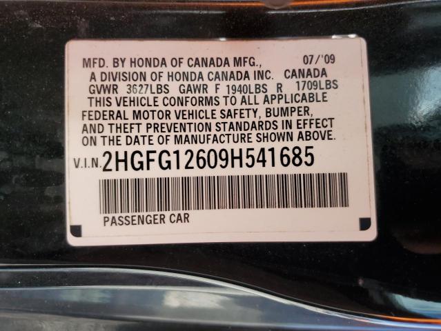 2HGFG12609H541685 - 2009 HONDA CIVIC LX შავი ფოტო 12