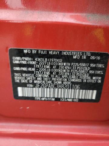 JF2GPABC3H8201106 - 2017 SUBARU CROSSTREK PREMIUM წითელი ფოტო 12