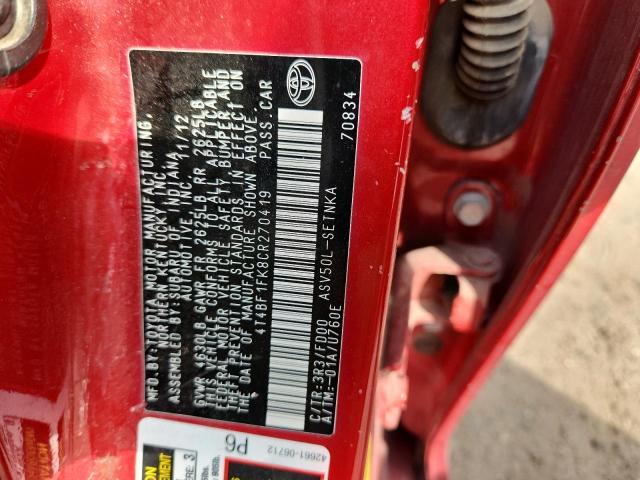 4T4BF1FK8CR270419 - 2012 TOYOTA CAMRY BASE წითელი ფოტო 12