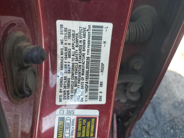 1HGFA16598L055039 - 2008 HONDA CIVIC LX ბურგუნდია ფოტო 12