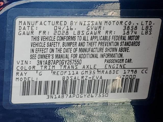 3N1AB7AP0GY267550 - 2016 NISSAN SENTRA S BLUE photo 12
