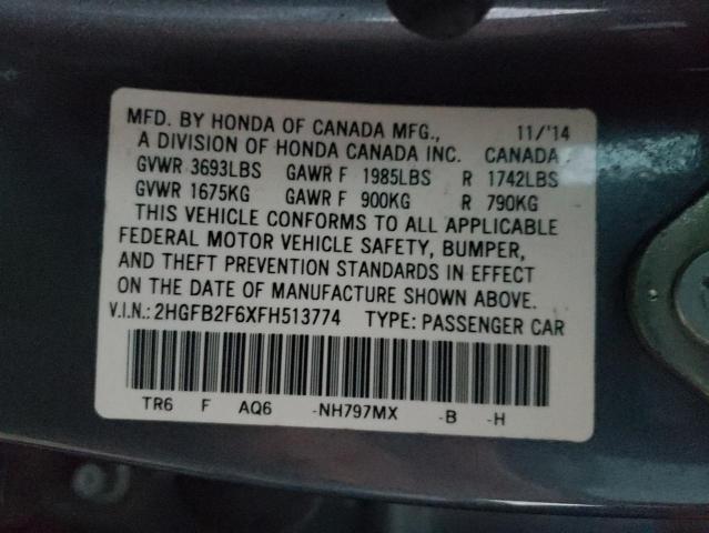 2HGFB2F6XFH513774 - 2015 HONDA CIVIC HF ნაცრისფერი ფოტო 12