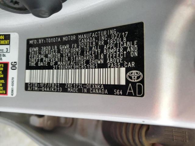 2T1BURHE9HC851961 - 2017 TOYOTA COROLLA L SILVER photo 12