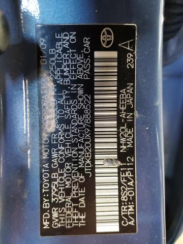 JTDKB20UX97888522 - 2009 TOYOTA PRIUS ლურჯი ფოტო 12
