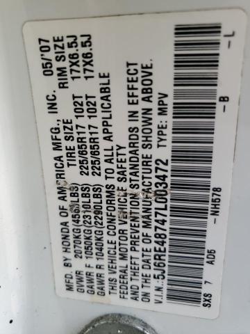 5J6RE48747L003472 - 2007 HONDA CR-V EXL WHITE photo 13
