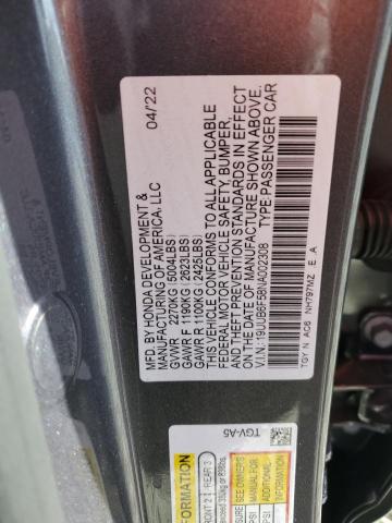 19UUB6F58NA002308 - 2022 ACURA TLX TECH A فحمي صورة 12