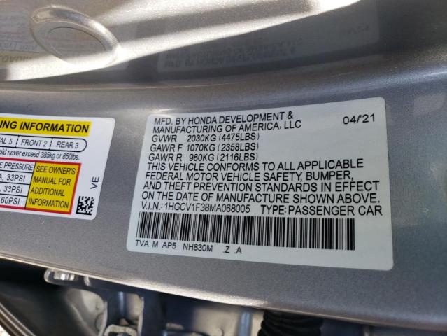 1HGCV1F38MA068005 - 2021 HONDA ACCORD SPORT 银色 照片 12