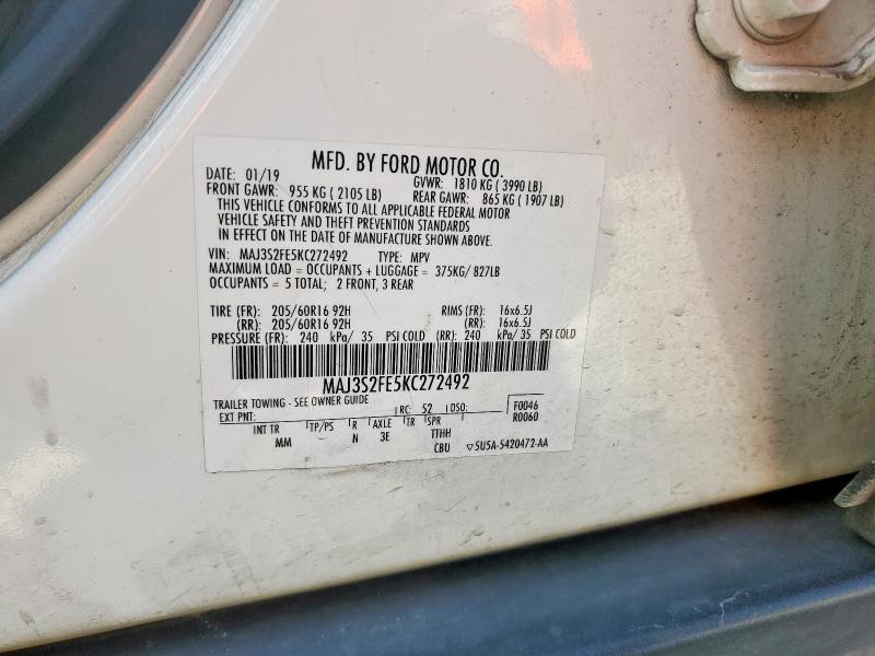 MAJ3S2FE5KC272492 - 2019 FORD ECOSPORT S Biały zdjęcie 12