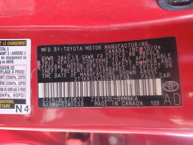 2T1KR32E35C392719 - 2005 TOYOTA COROLLA MA XR RED photo 12