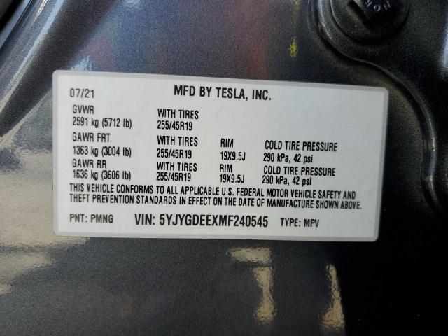 5YJYGDEEXMF240545 - 2021 TESLA MODEL Y Сұр фото 12