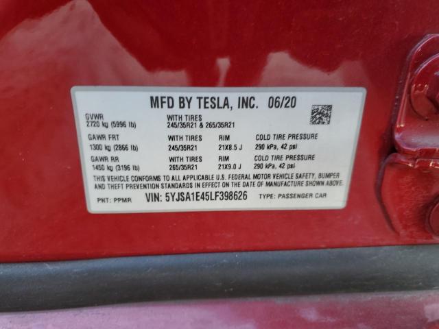 5YJSA1E45LF398626 - 2020 TESLA MODEL S 红色 照片 12