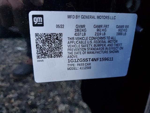 1G1ZG5ST4NF159611 - 2022 CHEVROLET MALIBU RS შავი ფოტო 12