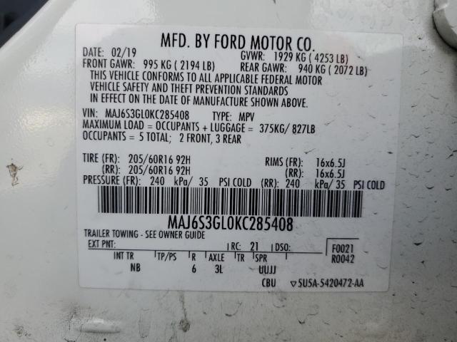 MAJ6S3GL0KC285408 - 2019 FORD ECOSPORT SE თეთრი ფოტო 12