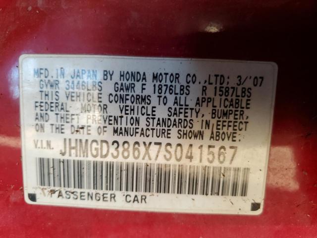 JHMGD386X7S041567 - 2007 HONDA FIT S წითელი ფოტო 12