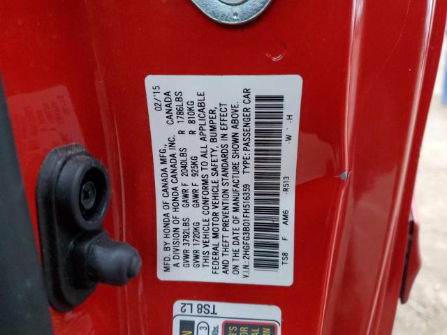 2HGFG3B01FH516359 - 2015 HONDA CIVIC EXL წითელი ფოტო 12