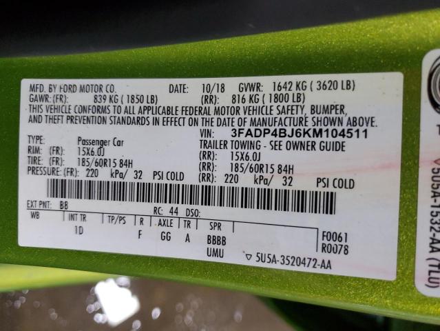 3FADP4BJ6KM104511 - 2019 FORD FIESTA SE Կանաչ լուսանկար 12