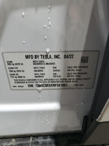 7SAXCBE6XNF341061 - 2022 TESLA MODEL X Білий фото 14