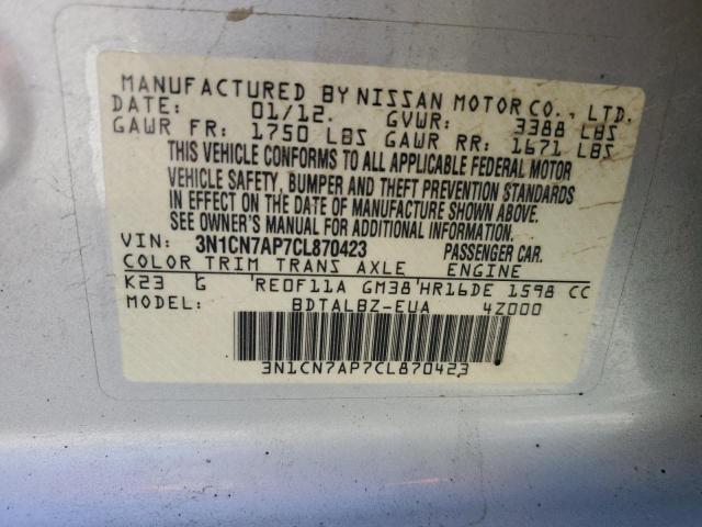 3N1CN7AP7CL870423 - 2012 NISSAN VERSA S Արծաթագույն լուսանկար 13