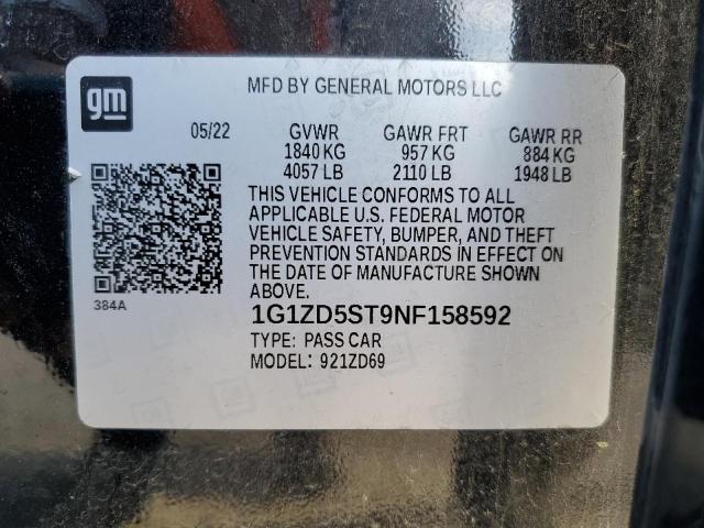 1G1ZD5ST9NF158592 - 2022 CHEVROLET MALIBU LT შავი ფოტო 12