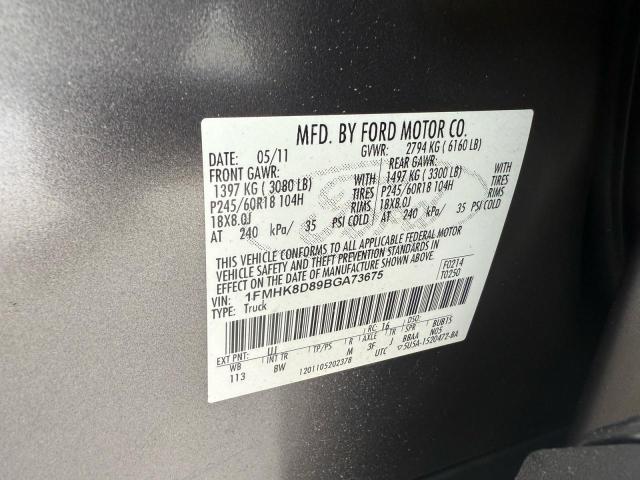 1FMHK8D89BGA73675 - 2011 FORD EXPLORER XLT GRAY photo 10