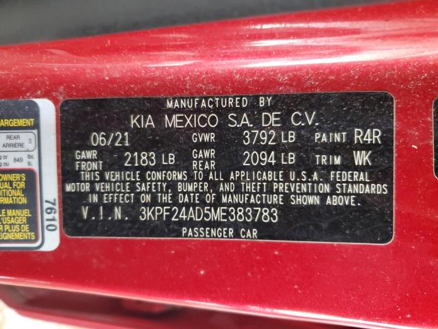 3KPF24AD5ME383783 - 2021 KIA FORTE FE Rot Foto 12