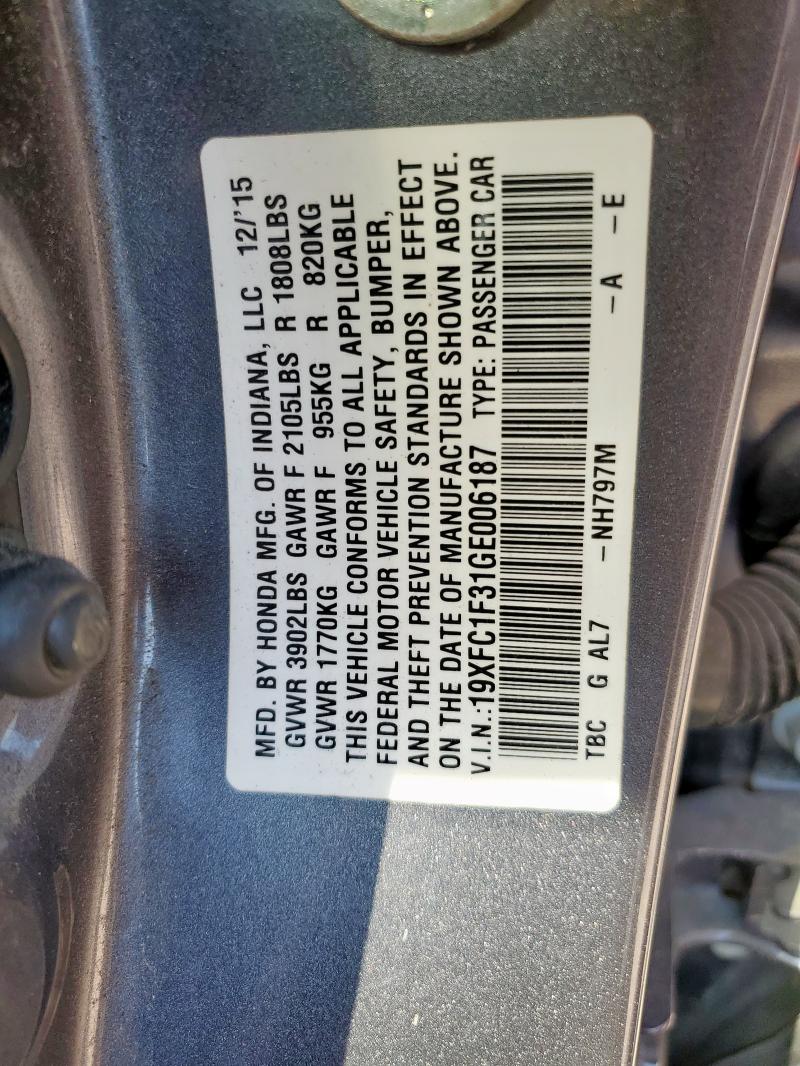 19XFC1F31GE006187 - 2016 HONDA CIVIC EX GRAY photo 13