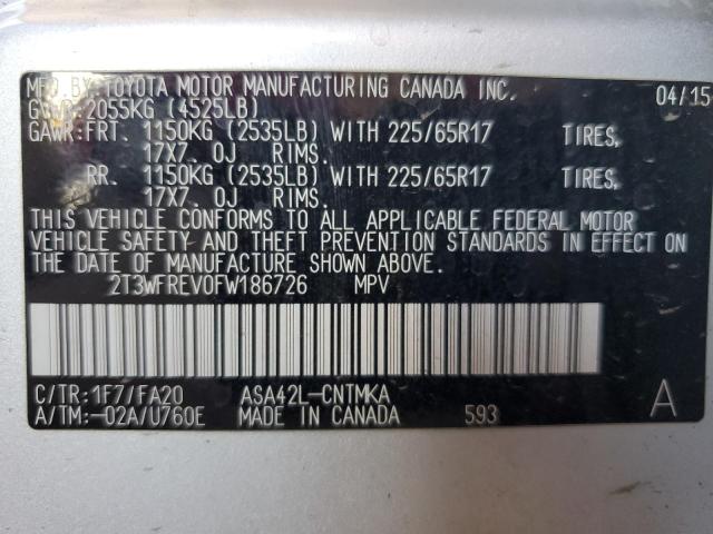 2T3WFREV0FW186726 - 2015 TOYOTA RAV4 XLE GRAY photo 13