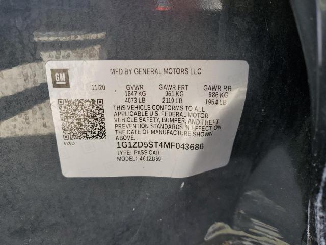 1G1ZD5ST4MF043686 - 2021 CHEVROLET MALIBU LT ნაცრისფერი ფოტო 12