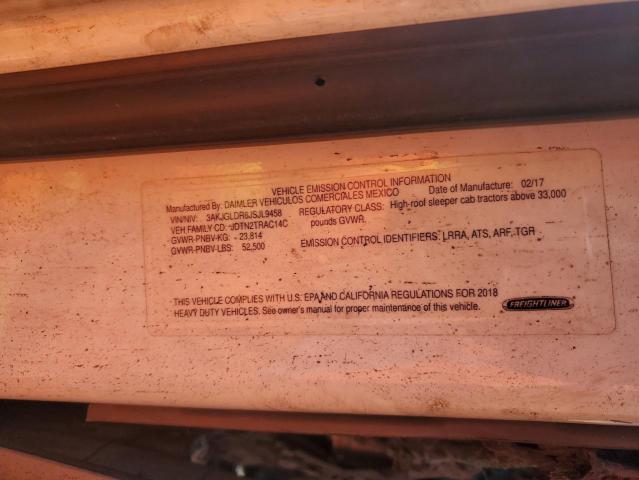 3AKJGLDR6JSJL9458 - 2018 FREIGHTLINER CASCADIA 1 Blanco foto 10