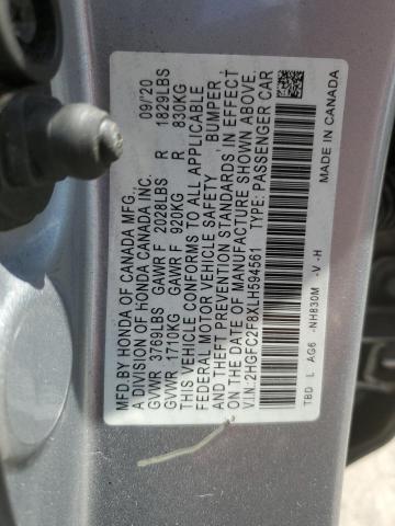 2HGFC2F8XLH594561 - 2020 HONDA CIVIC SPORT SILVER photo 12