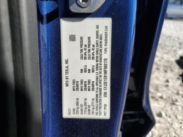 5YJ3E1EB1MF988170 - 2021 TESLA MODEL 3 أزرق صورة 12