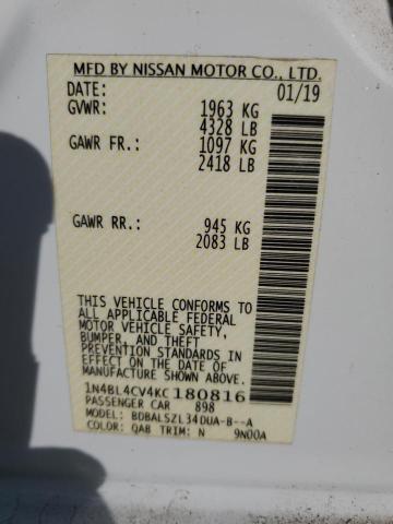 1N4BL4CV4KC180816 - 2019 NISSAN ALTIMA SR Ақ фото 12
