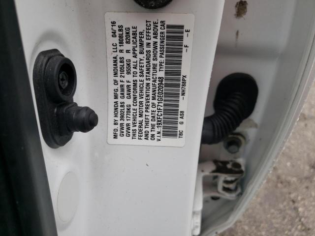 19XFC1F71GE020948 - 2016 HONDA CIVIC EXL თეთრი ფოტო 12