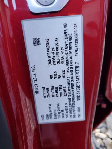 5YJ3E1EA1SF077017 - 2025 TESLA MODEL 3 RED photo 12