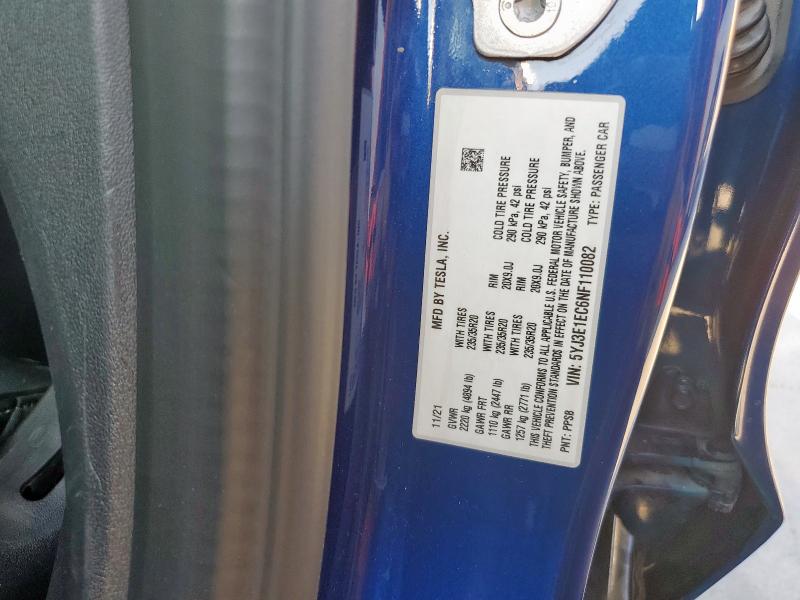 5YJ3E1EC6NF110082 - 2022 TESLA MODEL 3 BLUE photo 12