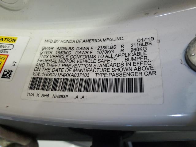 1HGCV1F4XKA037103 - 2019 HONDA ACCORD EX أبيض صورة 12