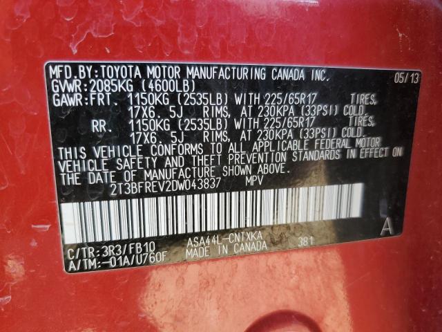 2T3BFREV2DW043837 - 2013 TOYOTA RAV4 LE RED photo 13