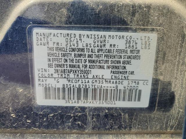 3N1AB7APXKY359001 - 2019 NISSAN SENTRA S BLUE photo 12