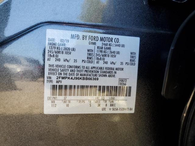 2FMPK4J96KBB66369 - 2019 FORD EDGE SEL Մոխրագույն լուսանկար 12