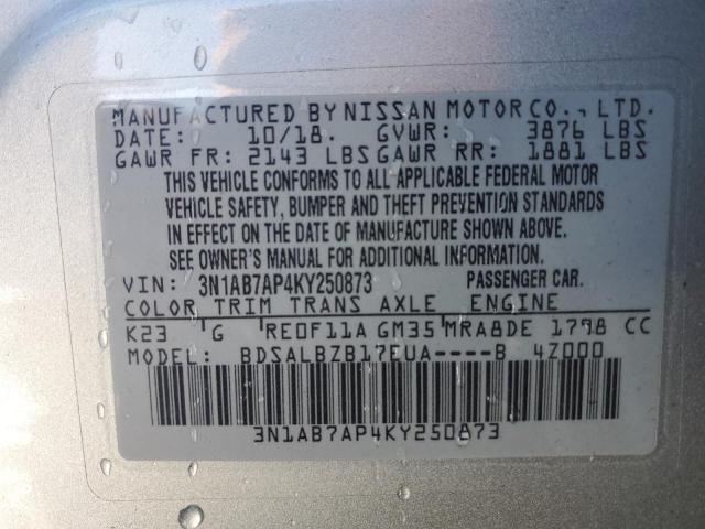 3N1AB7AP4KY250873 - 2019 NISSAN SENTRA S 银色 照片 12