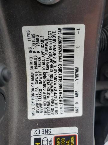 1HGFA16559L013890 - 2009 HONDA CIVIC LX ნაცრისფერი ფოტო 12