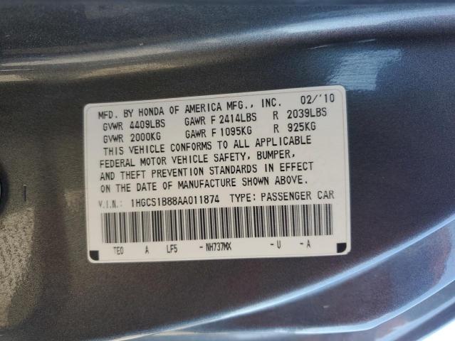 1HGCS1B88AA011874 - 2010 HONDA ACCORD EXL ნაცრისფერი ფოტო 12