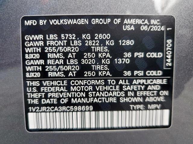 1V2JR2CA3RC598699 - 2024 VOLKSWAGEN ATLAS SE GRAY photo 14